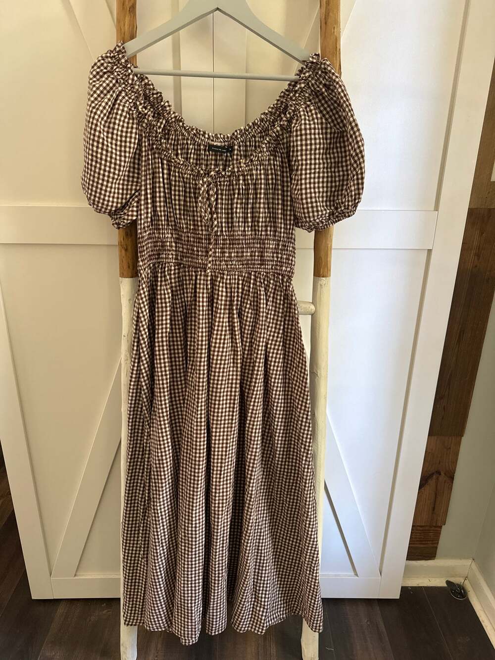 Elodie The Label Revovle Brown Gingham Smocked Milkmaid Midi Dress Size Medium